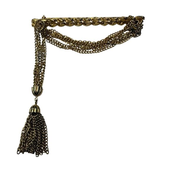 Vintage Gold-Tone Multi-Strand Tassel Chain Brooch Pin With Textured Detailing - Picture 1 of 4